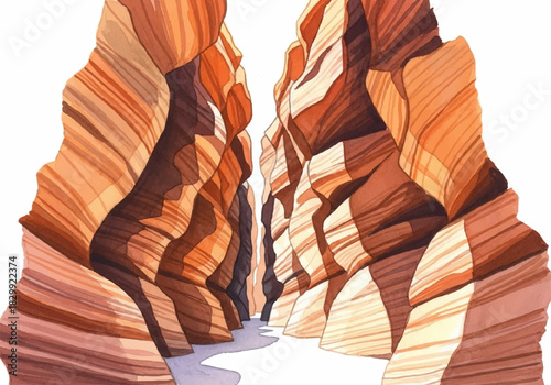 Dramatic desert canyon passage, a vibrant watercolor hand drawn illustration showcasing layered rock formations