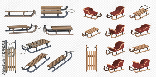 Collection of various sleds, including wooden and upholstered designs, on a transparent background.
