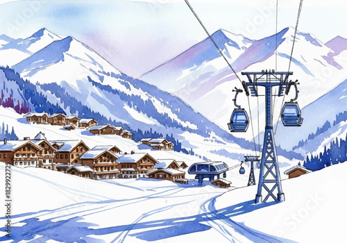 Winter ski resort village with cable car in snowy mountains, a beautiful watercolor hand drawn illustration