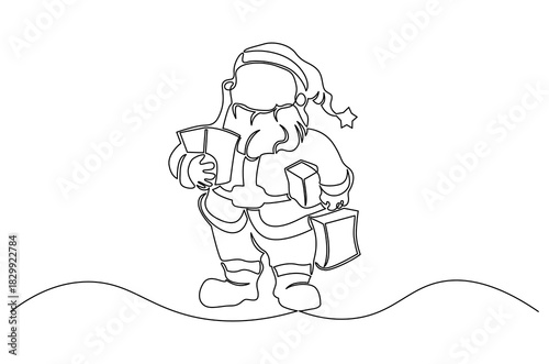 Continuous one line drawing of Festive Christmas gift from Santa Claus. Single line drawing illustration of Santa claus with gift. Merry Christmas 2025 concept vector art. Doodle line illustration.