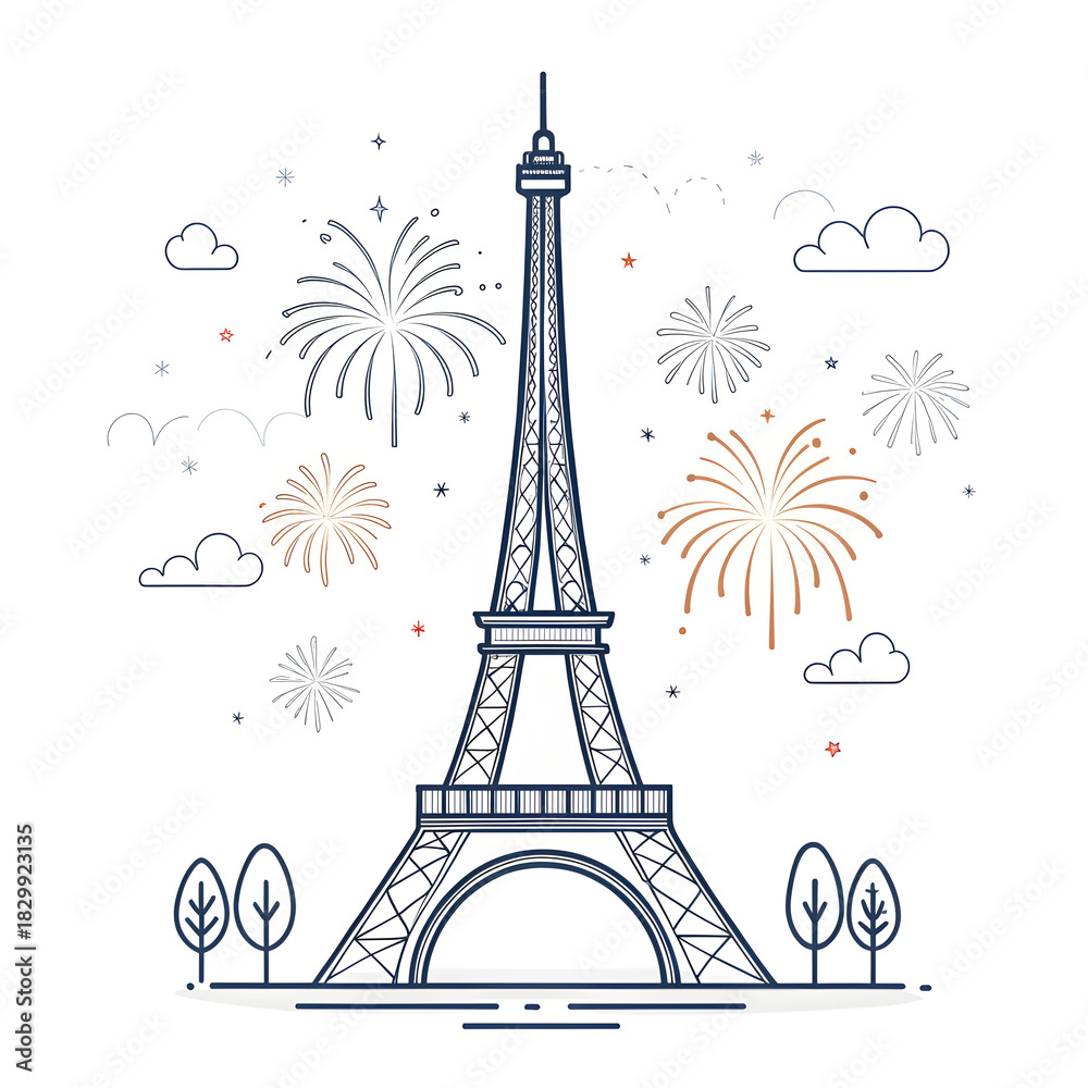 Fototapeta premium A minimal Eiffel Tower design accented with small abstract fireworks creating a festive modern visual highlighting