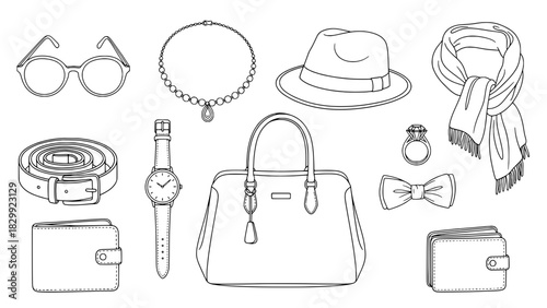Vector illustration of eleven fashion accessories arranged as a flat lay. Clean black line art icons depicting various items like a hat, handbag, jewelry, and wallets on a white background.