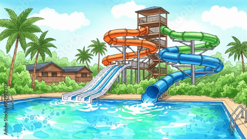 Joyful watercolor hand drawn illustration of a sprawling water park, showcasing thrilling slides and a crystal-clear swimming pool