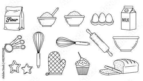 A comprehensive set of 15 baking ingredients and kitchen tools depicted as flat, black outline icons on a white background, in a clean, simple line art style.