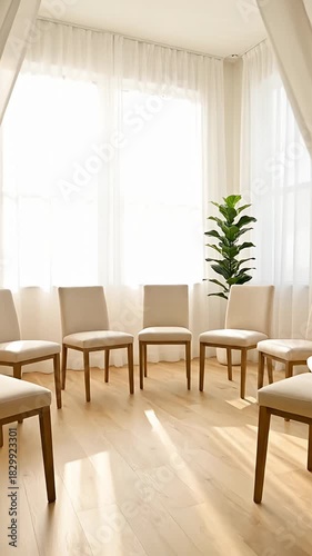 Bright Serene Room with Beige Chairs in a Circle for Group Therapy Support Meetings or Workshops Minimalist Interior Design Featuring Natural Light 