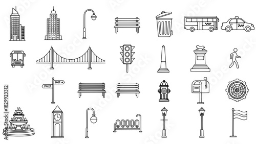 Comprehensive Collection of 36 City and Urban Outline Icons, including Buildings, Vehicles, Street Furniture, and Monuments, arranged in a Grid Pattern on a White Background