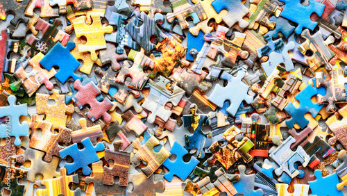 Jigsaw puzzle pieces.Colorful background with small puzzle pieces, messy.Some colored pieces of puzzle as background.Challenge and solution concept. Hobbies and leisure activities