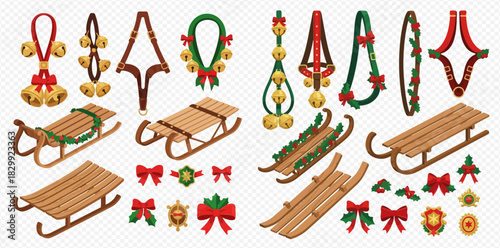 A festive arrangement of sleds, jingle bells, and holiday decorations, creating a cheerful winter scene.