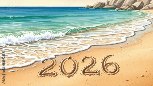 Vibrant watercolor hand-drawn illustration depicting a serene sandy beach, with '2026' in the sand, looking towards a hopeful future