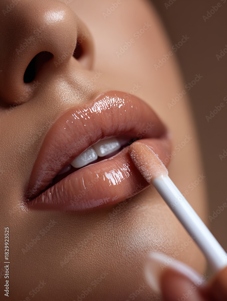 Naklejka premium Close-Up Of Lips With Gloss Being Applied By Q-Tip For Plump, Soft, Shiny Look Effect