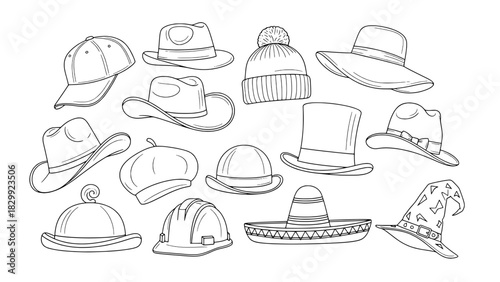 Collection of 14 Diverse Hat Line Art Illustrations on White Background, Featuring Outlined Styles from Baseball Caps to Witch Hats