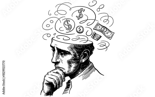 a worried man imagining swirling money symbols, representing financial pressure, budgeting concerns, and economic decision-making.