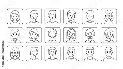 A grid of eighteen minimalist line art avatar icons displaying diverse human emotions, genders, and ages, each enclosed in a rounded square frame.