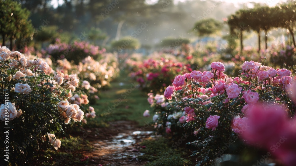 Obraz premium Serene Garden Pathway with Colorful Roses in Bloom Under Soft Morning Light Creating a Peaceful Ambiance in Nature's Splendor