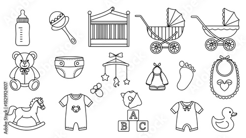 Set of Seventeen Outline Black Baby and Nursery Item Icons on a White Background