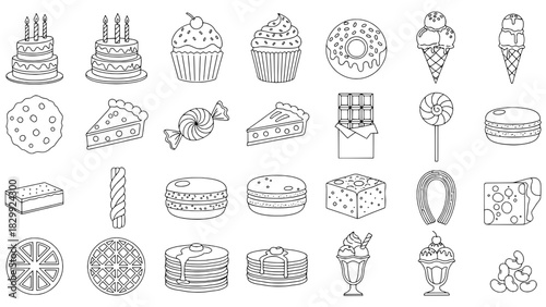 A grid of 30 black outline dessert and sweet food icons, featuring cakes, cupcakes, donuts, ice cream, cookies, pies, candies, macarons, brownies, churros, waffles, pancakes, and sundaes on white.