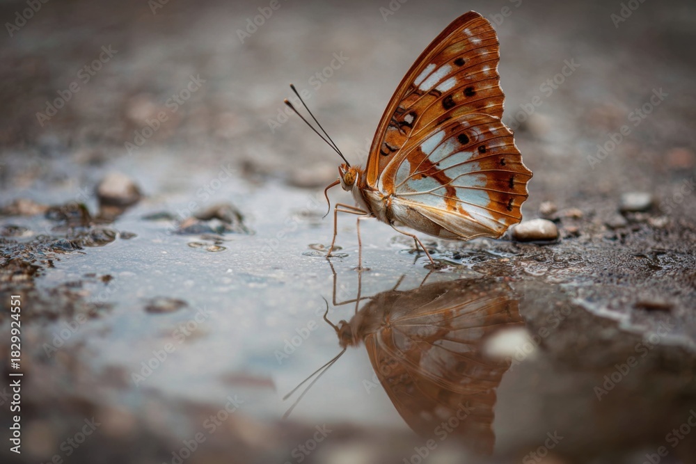Obraz premium Butterfly resting on wet ground reflection