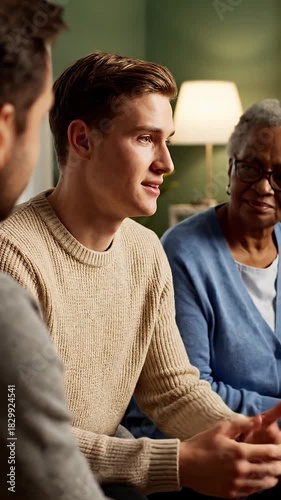 Engaging intergenerational conversation featuring a young man speaking with an attentive older African American woman Diverse group sharing ideas indoors