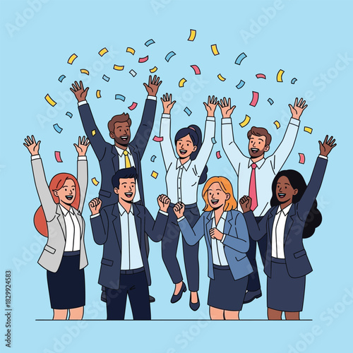 Diverse business team celebrating success with confetti, excited group of entrepreneurs achieved company goals, happy employees raising hands in joy concept