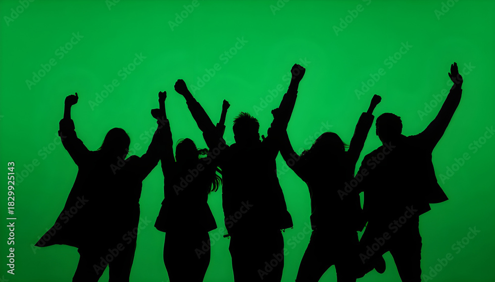 Fototapeta premium Black silhouettes of a group of people cheerfully celebrate their victory against a green chroma key background. Minimalist contrast and modern visual composition, mockup.
