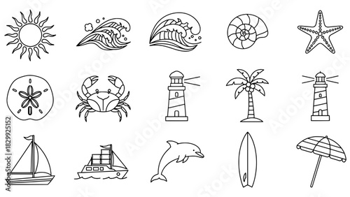 Set of hand-drawn line art icons representing summer and beach themes, including waves, shells, and marine life.