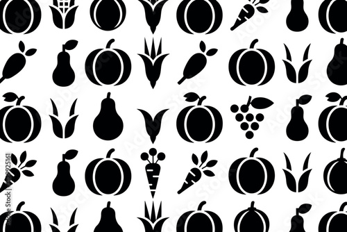 Seamless Pattern Featuring Autumn Harvest Fruits and Vegetables Design Elements