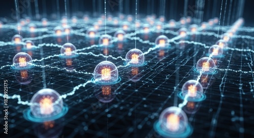 Abstract network of glowing nodes and connecting lines.