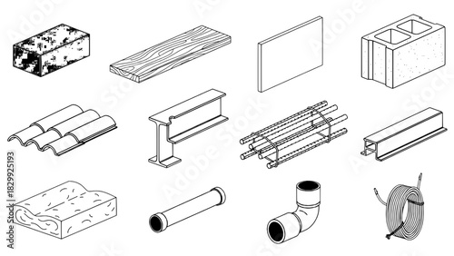 Isometric Black Outline Icons of 12 Construction and Building Materials in a Grid Layout