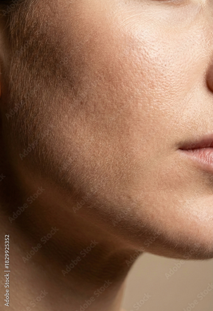 Obraz premium Extreme macro close-up of woman's cheek and jawline showing natural skin texture, pores, and fine hairs