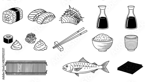 A detailed collection of 15 black outline Japanese sushi ingredients and food items, arranged in a grid on a white background.