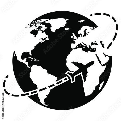 Global Air Travel Route Icon: Airplane Flying Around the World Vector Illustration