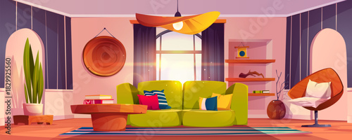 Living room interior with sofa, chair, bookshelves