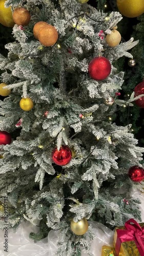 4k footage of christmas santa claus and christmas tree decoration with twinkle lights and interactive spotlights. Christmas pop up ornaments and decoration