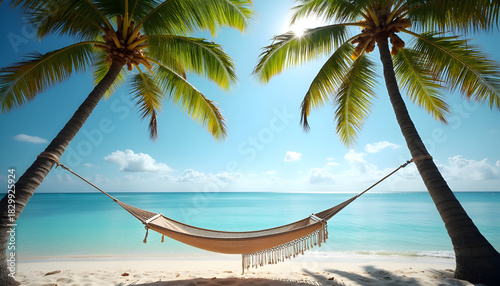 Fototapeta Naklejka Na Ścianę i Meble -  A hammock gently sways between two tall palms on a quiet beach with crystal-blue water. Sunbeams break through the palm leaves, creating dappled light on the soft sand