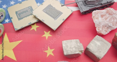 Conceptual footage of the superpower struggle. Features semiconductors, batteries, and raw materials on US and China flags, symbolizing the battle for technology dominance and security.