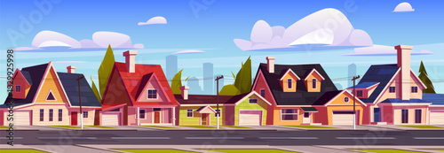 Suburb houses, suburban street with buildings