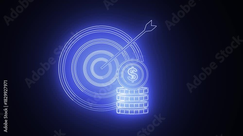 Neon Target and Coins Financial Goals and Success.