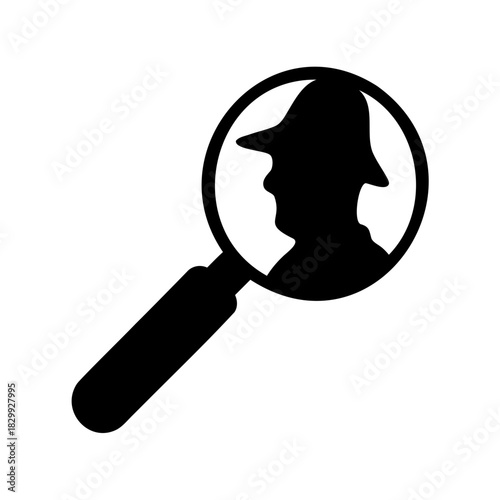 Detective silhouette found inside a magnifying glass icon Vector, illustration