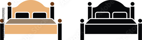 Print Classic Double Bed or Queen Size Icon Set Silhouette and Color Vector illustration