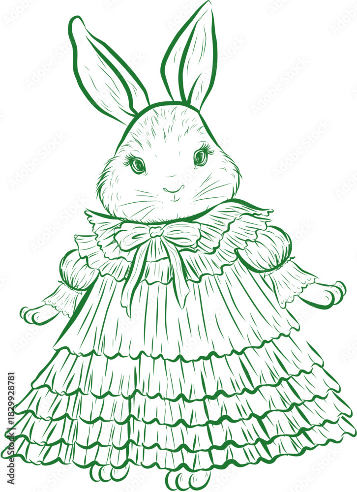Obraz premium Vintage Doodle Girl Rabbit Character in Easter Dress