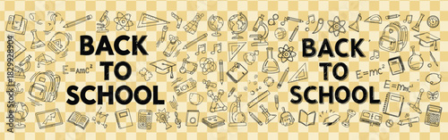 Back to school themed background with hand drawn school supplies and checkered pattern for education design