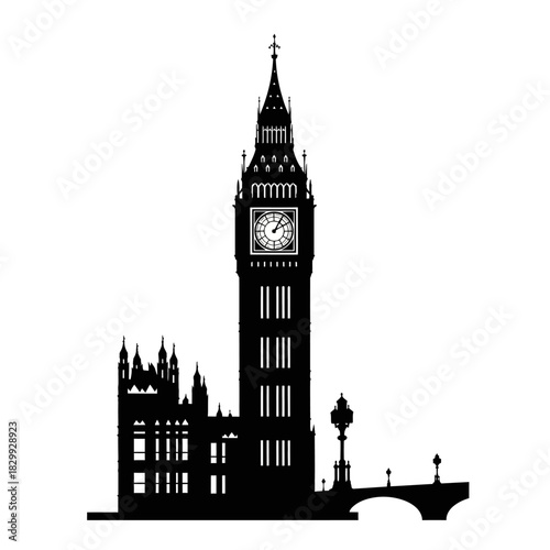 Iconic Big Ben silhouette against a clean white backdrop, perfect for travel brochures, historical documentaries, or adding a touch of London charm to designs
