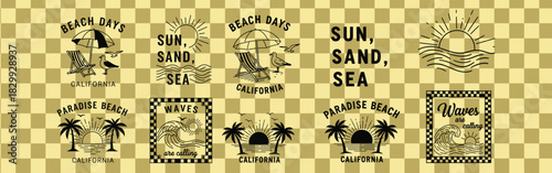 Beach themed designs featuring sun sand sea waves palm trees and beach chairs in california