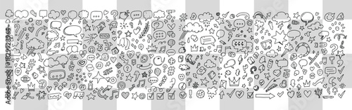 Hand drawn doodle elements including speech bubbles hearts stars arrows and other graphic symbols
