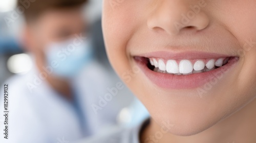 Extreme close-up of a child's radiant, perfect smile showing bright white teeth, with a blurred dentist in the background.