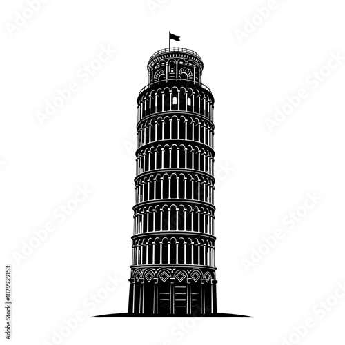 Stunning graphic of the Leaning Tower of Pisa, a timeless travel icon, perfect for illustrating tourism, history, or cultural heritage in your next project