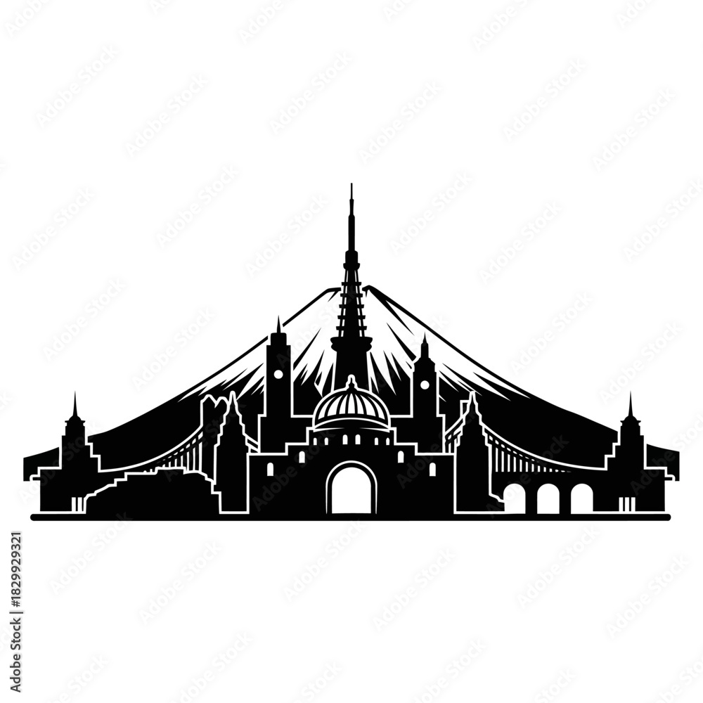 Obraz premium Stunning city skyline silhouette with iconic landmarks and mountain backdrop, perfect for travel posters and modern urban designs adding a touch of elegance