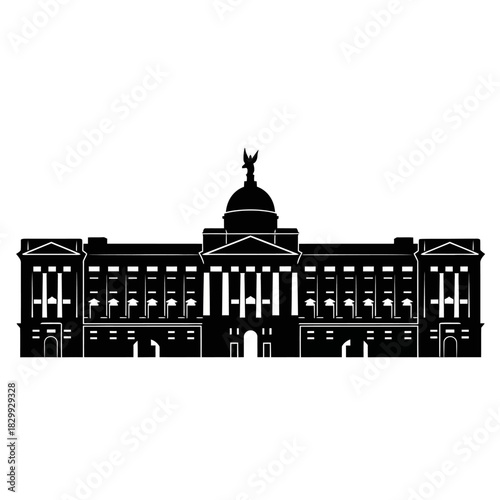 Iconic London landmark in silhouette, Buckingham Palace, a symbol of British history and royalty, perfect for travel blogs or design projects.