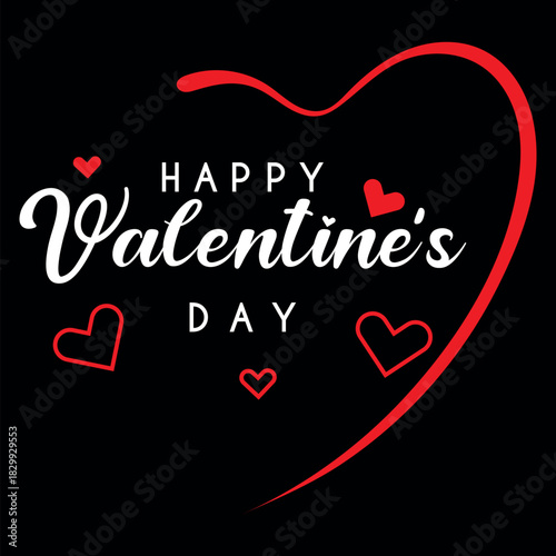 Happy valentine's day text with red heart outline and small hearts on black background