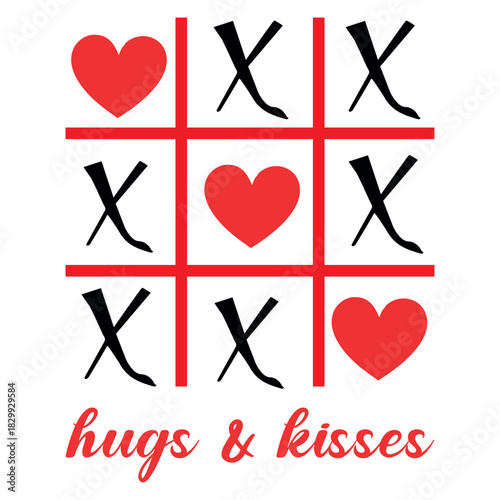 Tic tac toe game with hearts and x marks on white background with hugs and kisses